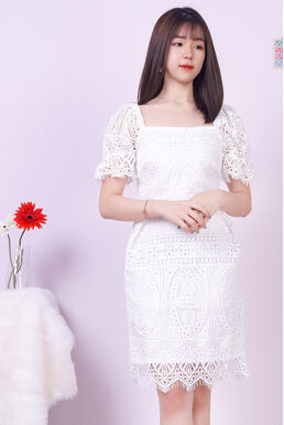 Square Neck Crochet Lace Overlay Pencil Dress (White)